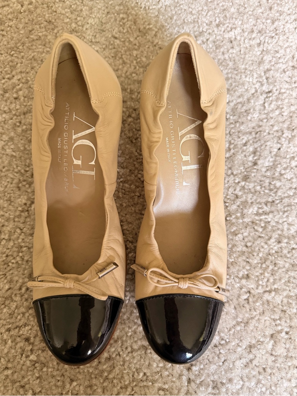 AGL Two-Tone Beige Leather Ballet Flats with Black Patent Cap Toe